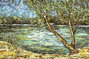 American River, Sacramento, Eileen Downes, collage, landscape